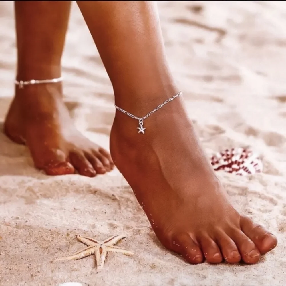 💜10/$25💜NEW Starfish Charm Silver Figaro Chain Bohemian Anklet - Picture 5 of 9